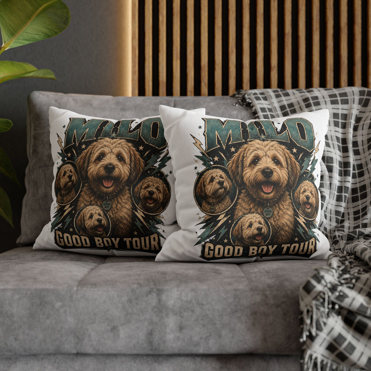 Milo "Good Boy Tour" Decorative Pillowcase — Cute Dog Portrait Square Throw Pillowcase Milo Bailey Dog Dad Mom