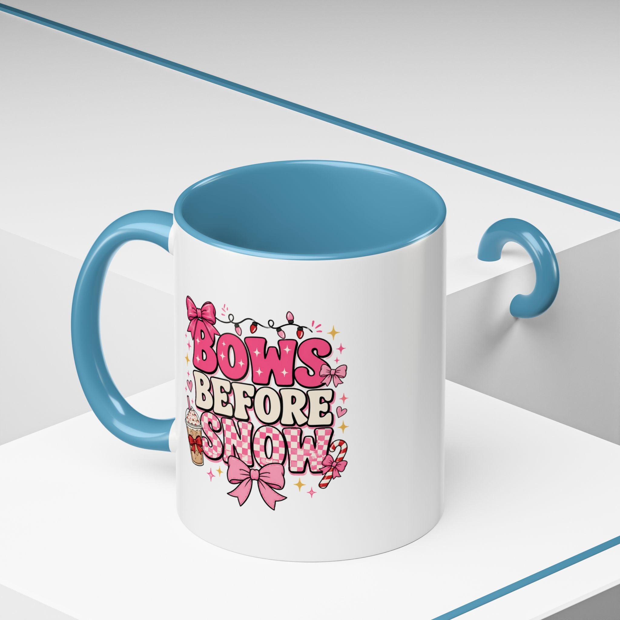 Modern Day Christmas Bows Before Snow Accent Coffee Mug — Cute Pink Holiday Hot Cocoa Design (11/15oz)