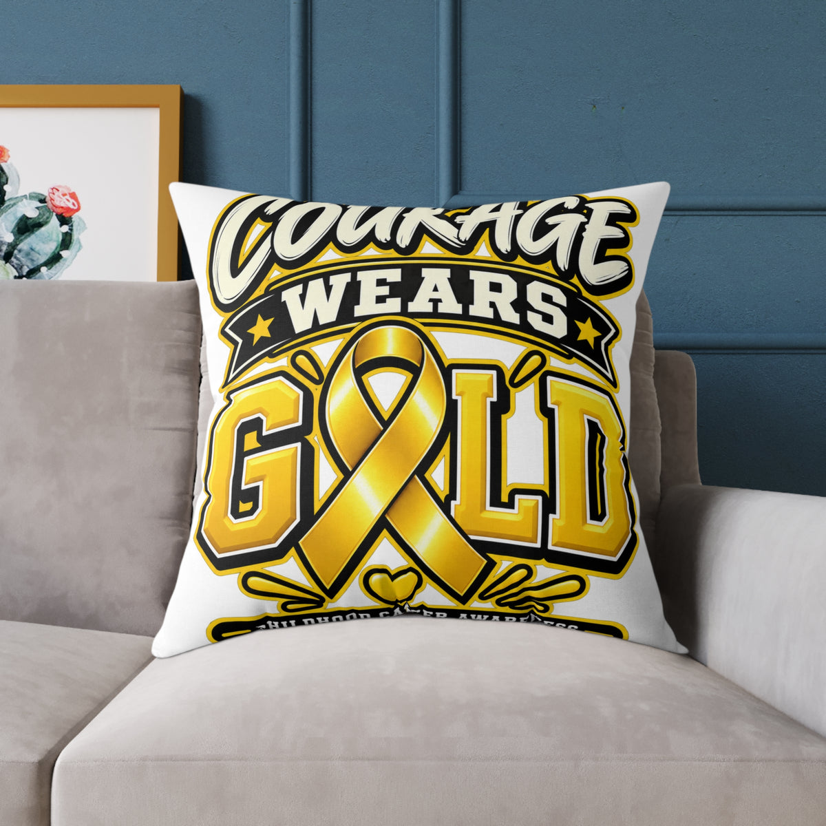 Courage Wears Gold Pillow — Childhood Cancer Awareness Throw Pillow