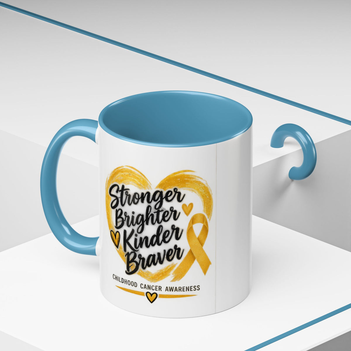 Childhood Cancer Awareness Accent Coffee Mug — "Stronger Brighter Kinder Braver"