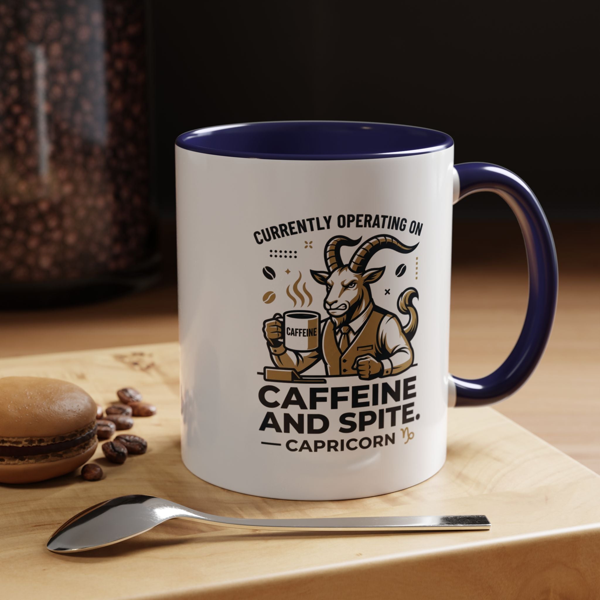 Capricorn Coffee Mug — “Currently Operating on Caffeine and Spite” Accent Mug (11/15oz)