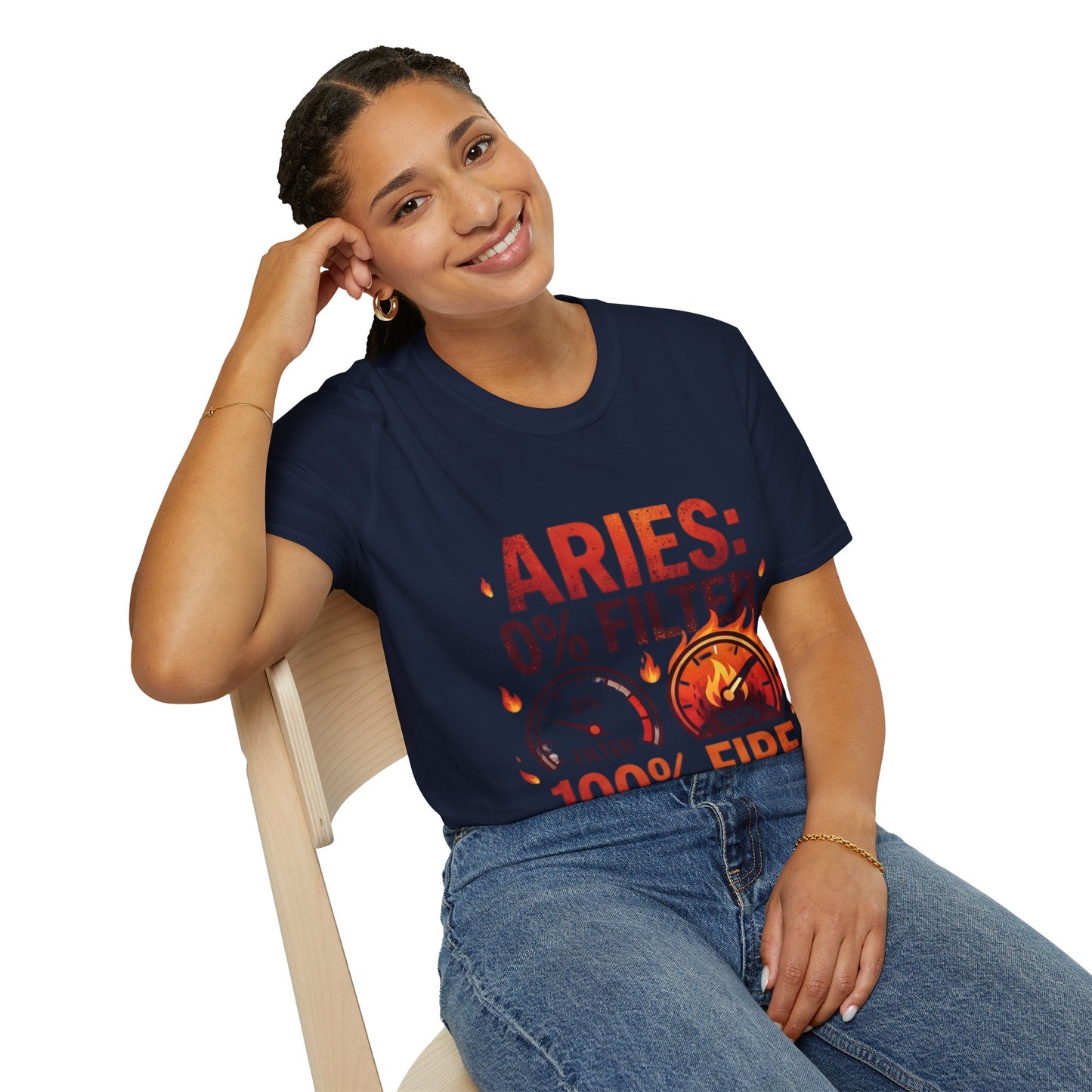 Aries T-Shirt — "Aries: 0% Filter, 100% Fire" Bold Zodiac Tee