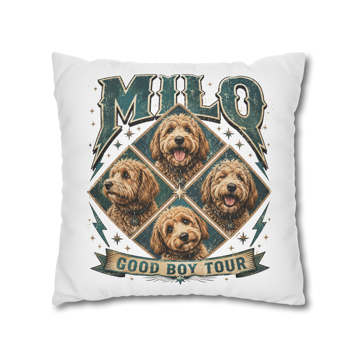 Milo “Good Boy Tour” Dog Photo Square Pillowcase Milo Bailey Dog Dad Mom