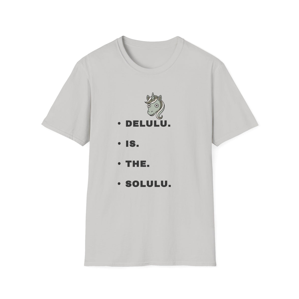 T-Shirt — Minimalist Unicorn Graphic Tee with "DELULU" Text - Trending Now - September 2026
