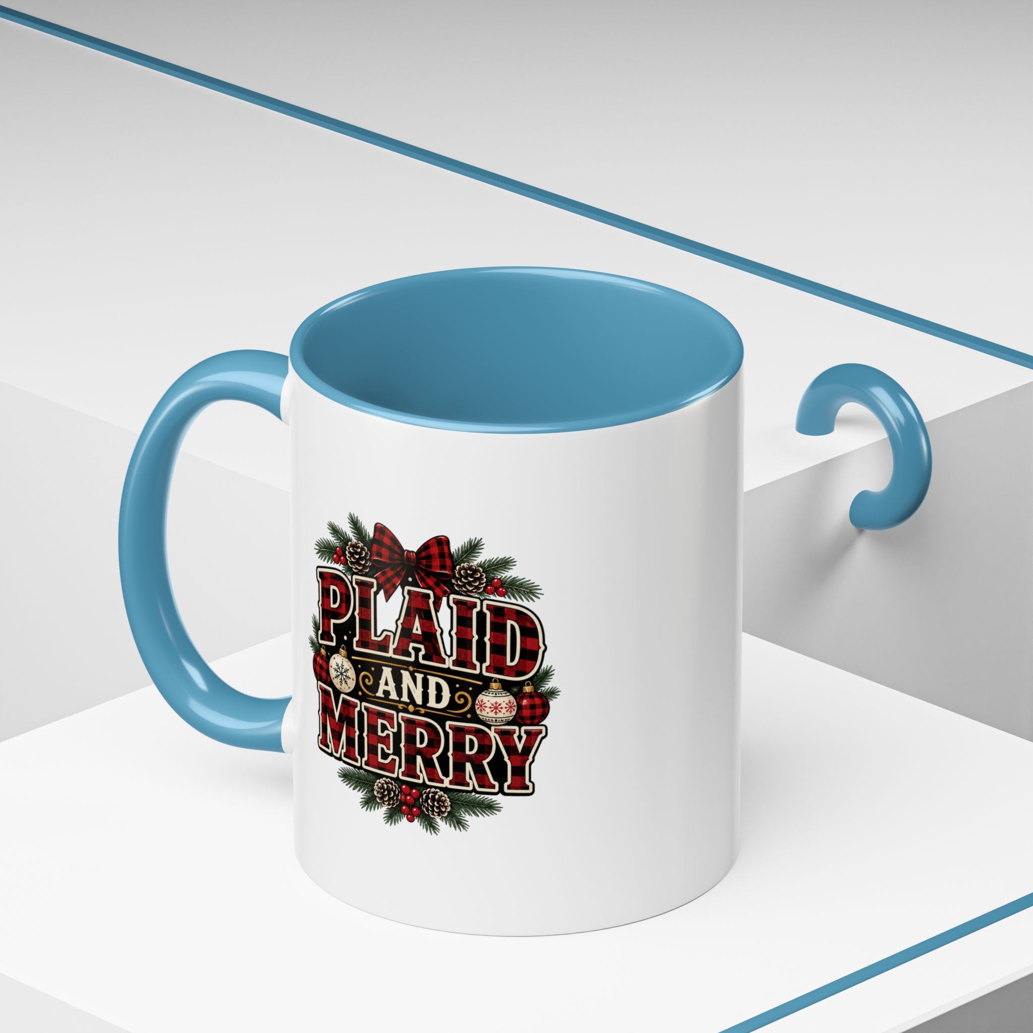 Plaid and Merry Accent Coffee Mug — Festive Buffalo Check Christmas Mug
