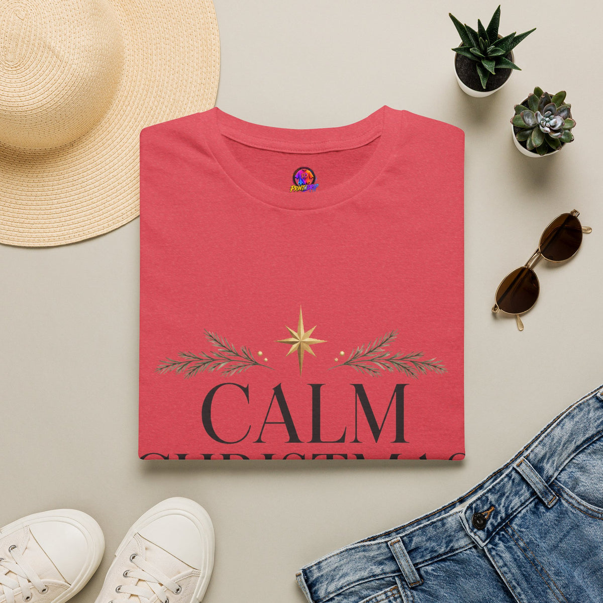 Calm Christmas Club T-Shirt — Holiday Relaxed Tee with Star & Pine Design