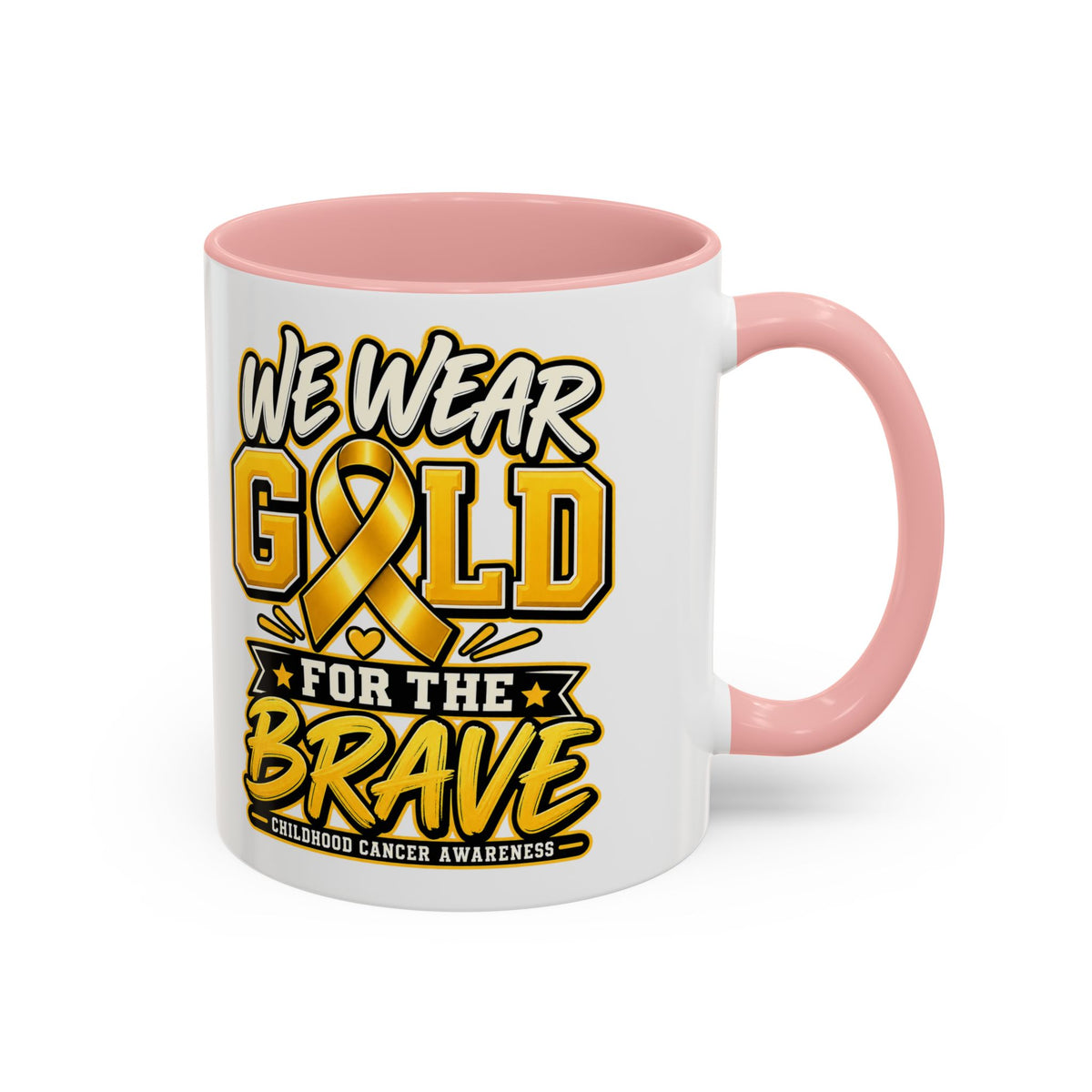 Childhood Cancer Awareness Accent Coffee Mug – "We Wear Gold for the Brave" (11/15 oz)