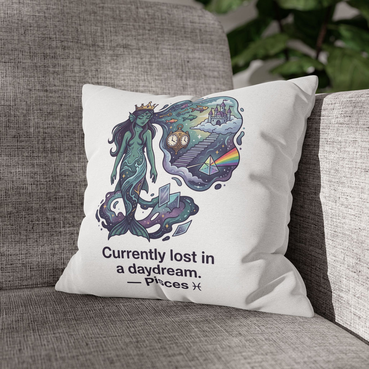 Pisces Mermaid Pillowcase — "Currently Lost in a Daydream" Decorative Throw Pillow
