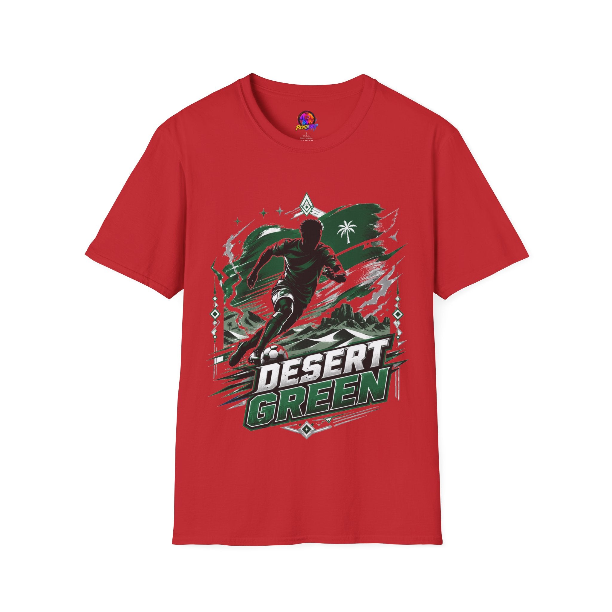 Saudi Arabia Desert Green Soccer T-Shirt — Silhouette Player Graphic