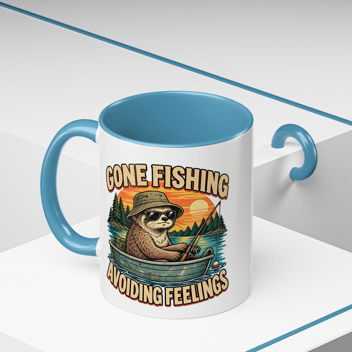 Funny And Witty "Gone Fishing Avoiding Feelings" Accent Coffee Mug (11, 15oz)