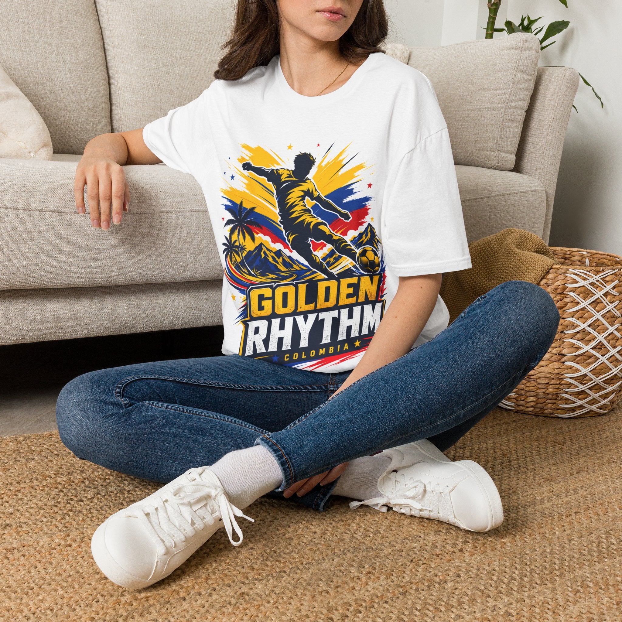 Columbia Soccer Player Graphic T-Shirt — "Golden Rhythm" Vibrant Beach Soccer Tee