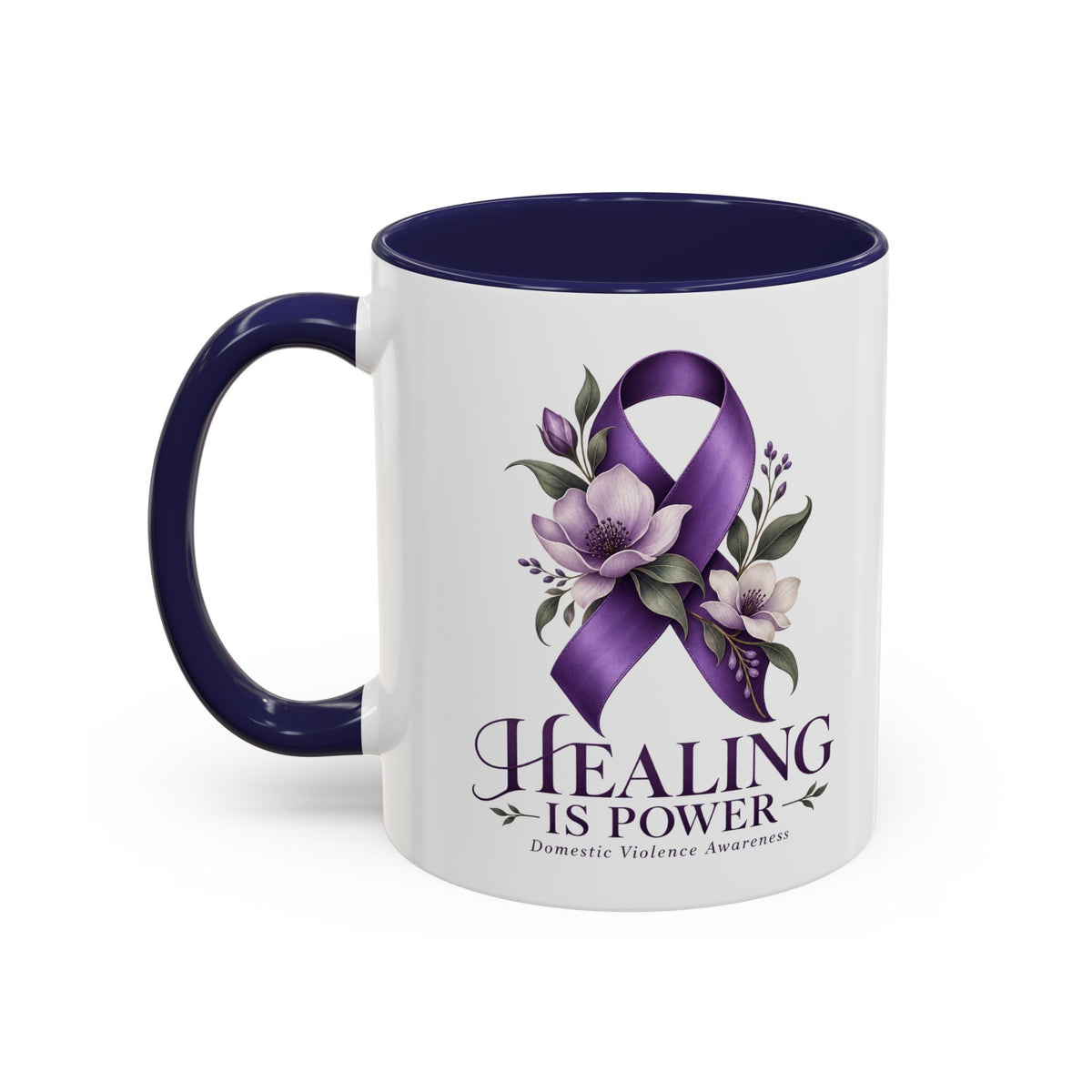 Healing Is Power Purple Ribbon Coffee Mug — Domestic Violence Awareness Accent Mug (11/15oz)
