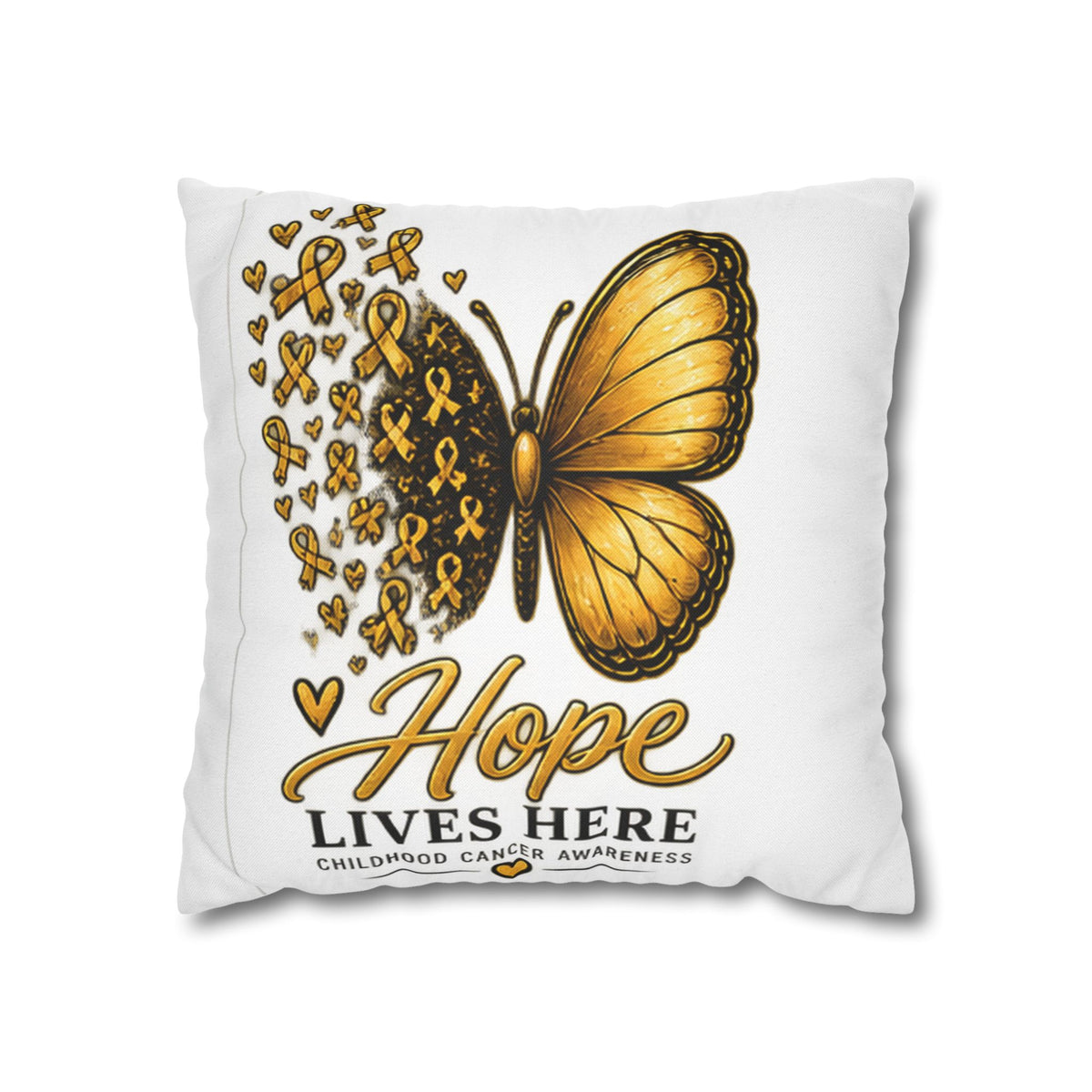 Childhood Cancer Awareness Pillow – "Hope Lives Here" Gold Ribbon Butterfly Square Pillowcase