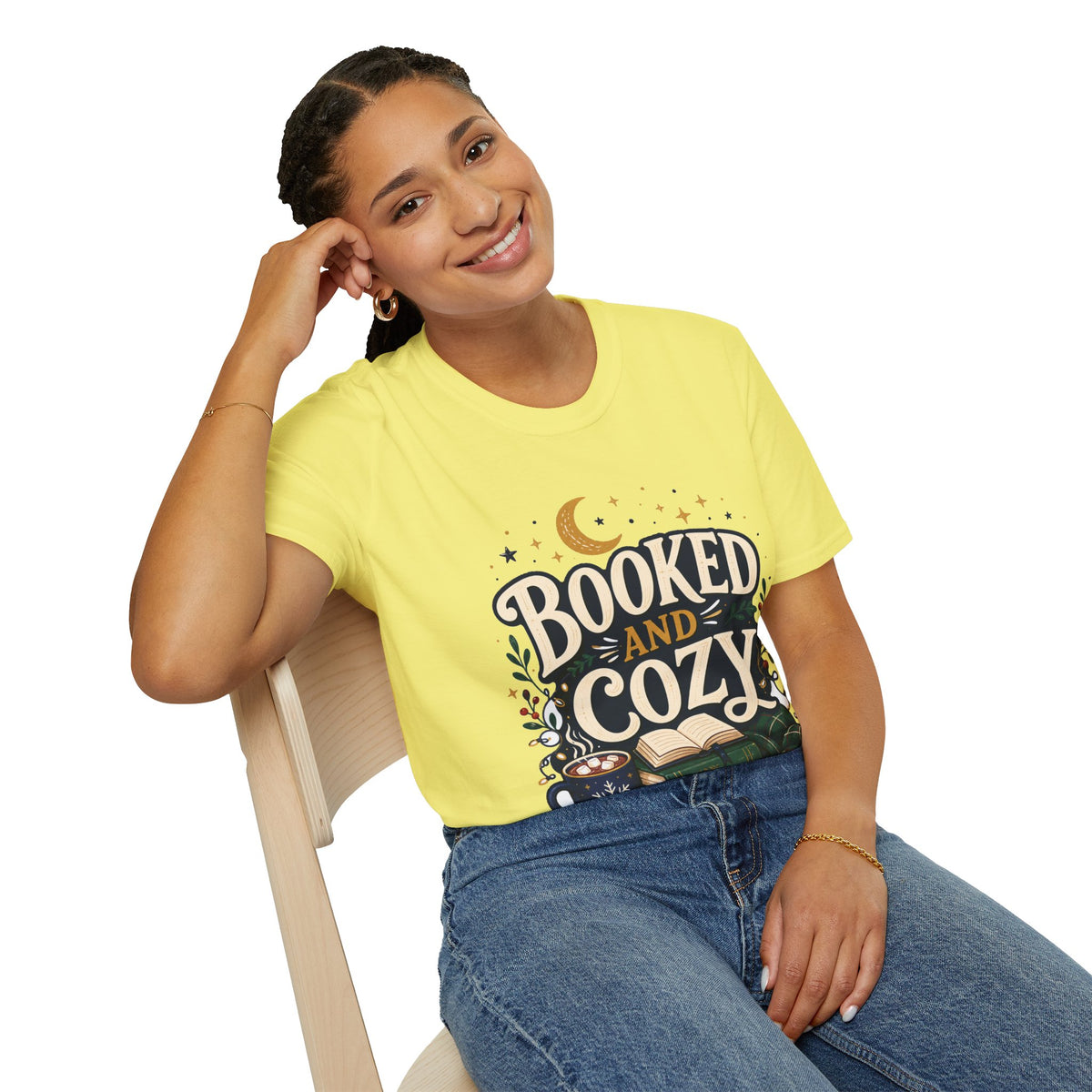 Booked and Cozy T-Shirt — Cozy Reading Graphic Tee (Books, Moon & Stars)