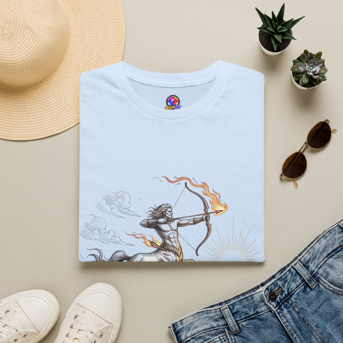 Sagittarius Centaur Archer T-Shirt — Mythical Archer Graphic Tee (Flaming Bow)