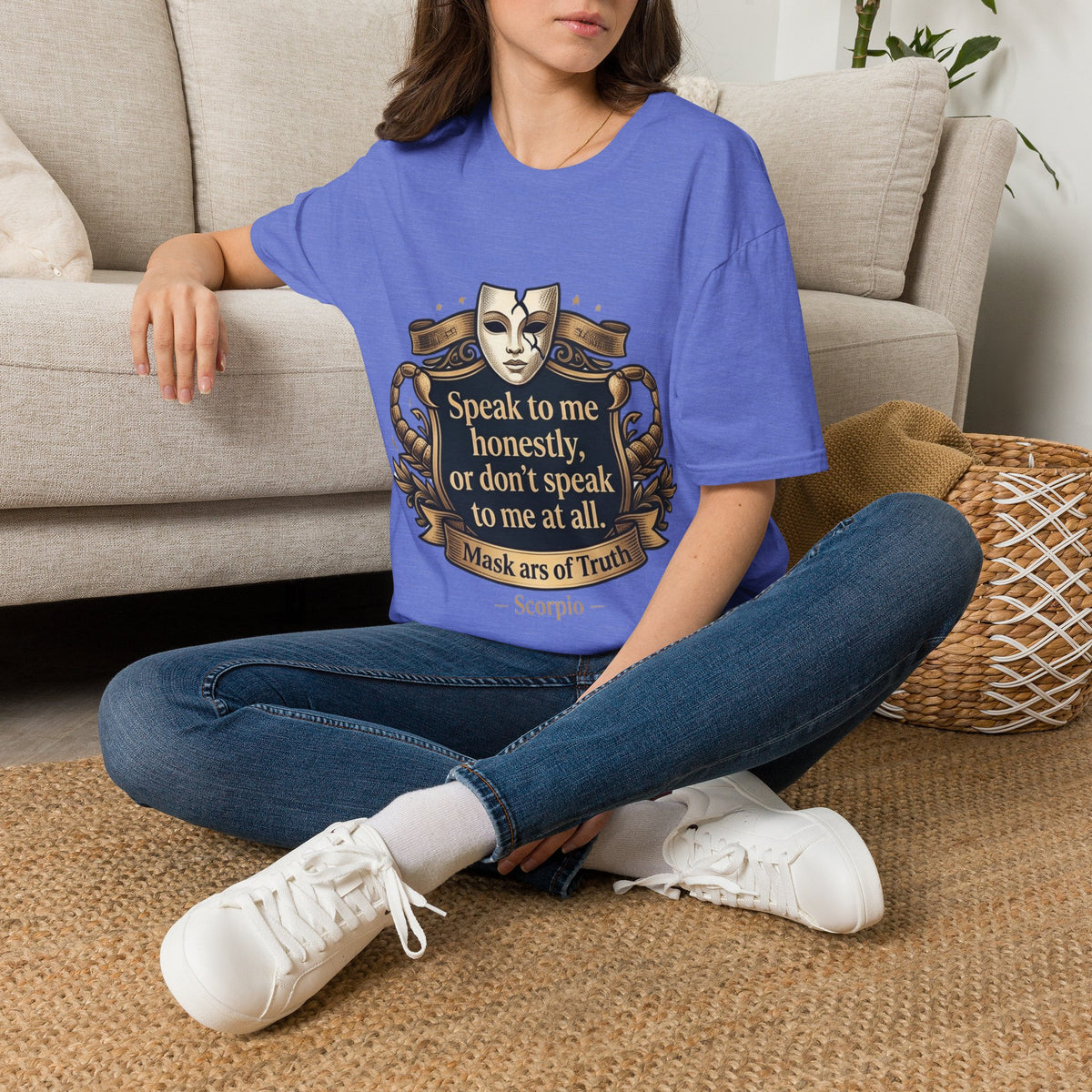 Speak to Me Mask T‑Shirt — 'Speak to me honestly...' Zodiac Scorpio Graphic Tee