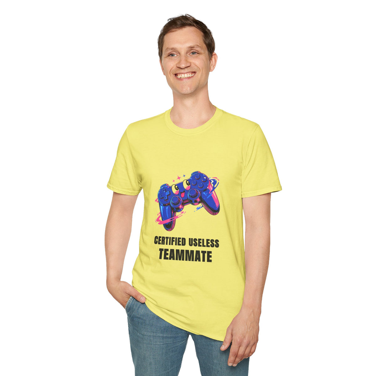 Certified Useless Teammate Gamer T-Shirt — Retro Neon Gamepad Tee - Trending Now - August 2026