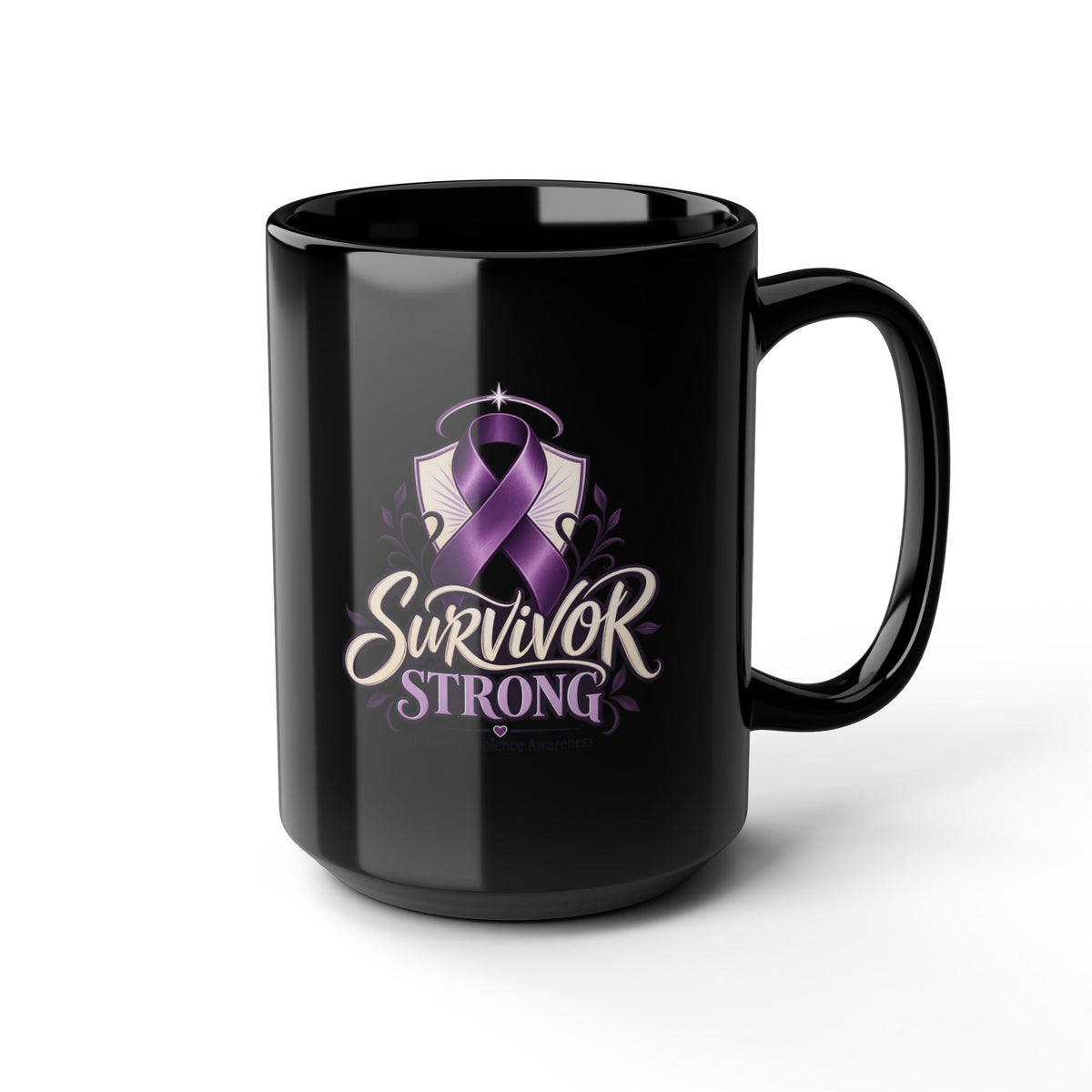 Survivor Strong Purple Ribbon Mug —Domestic Violence  Awareness Black Coffee Cup (11oz, 15oz)