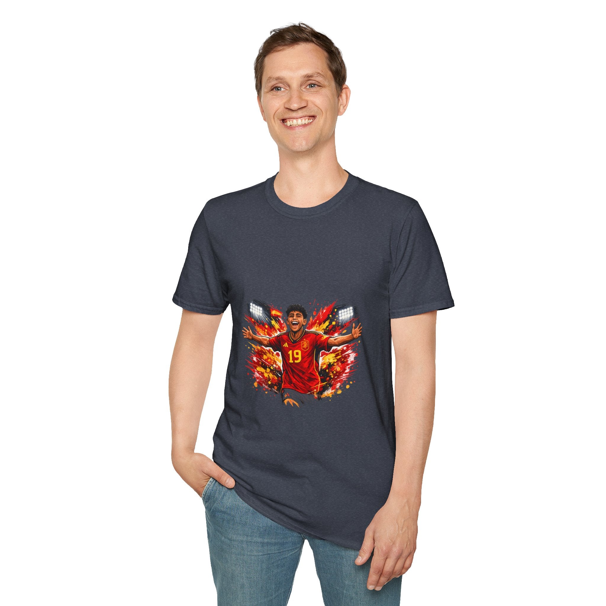 Spain Soccer Fan Portrait T‑Shirt – Fiery Goal Celebration Design