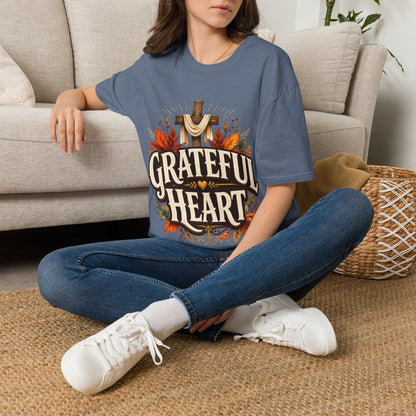 Grateful Heart T-Shirt — Christian Cross & Autumn Leaves Thanksgiving Tee