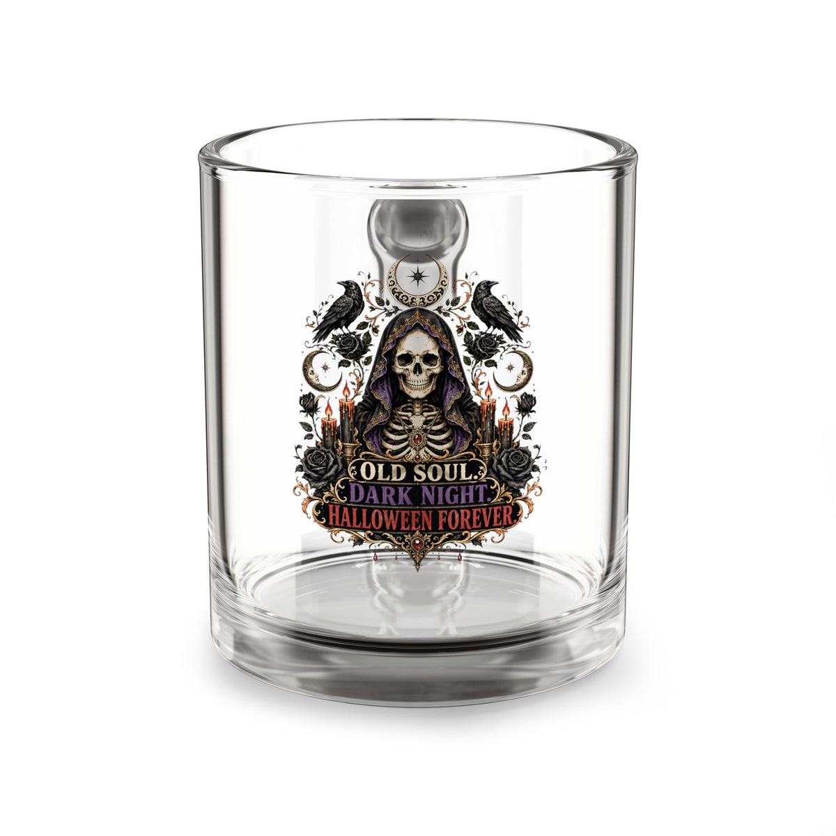 Halloween Glass Mug 10 oz  Halloween Skull Glass Mug — "Old Soul, Dark Knight, Halloween Forever" 10oz