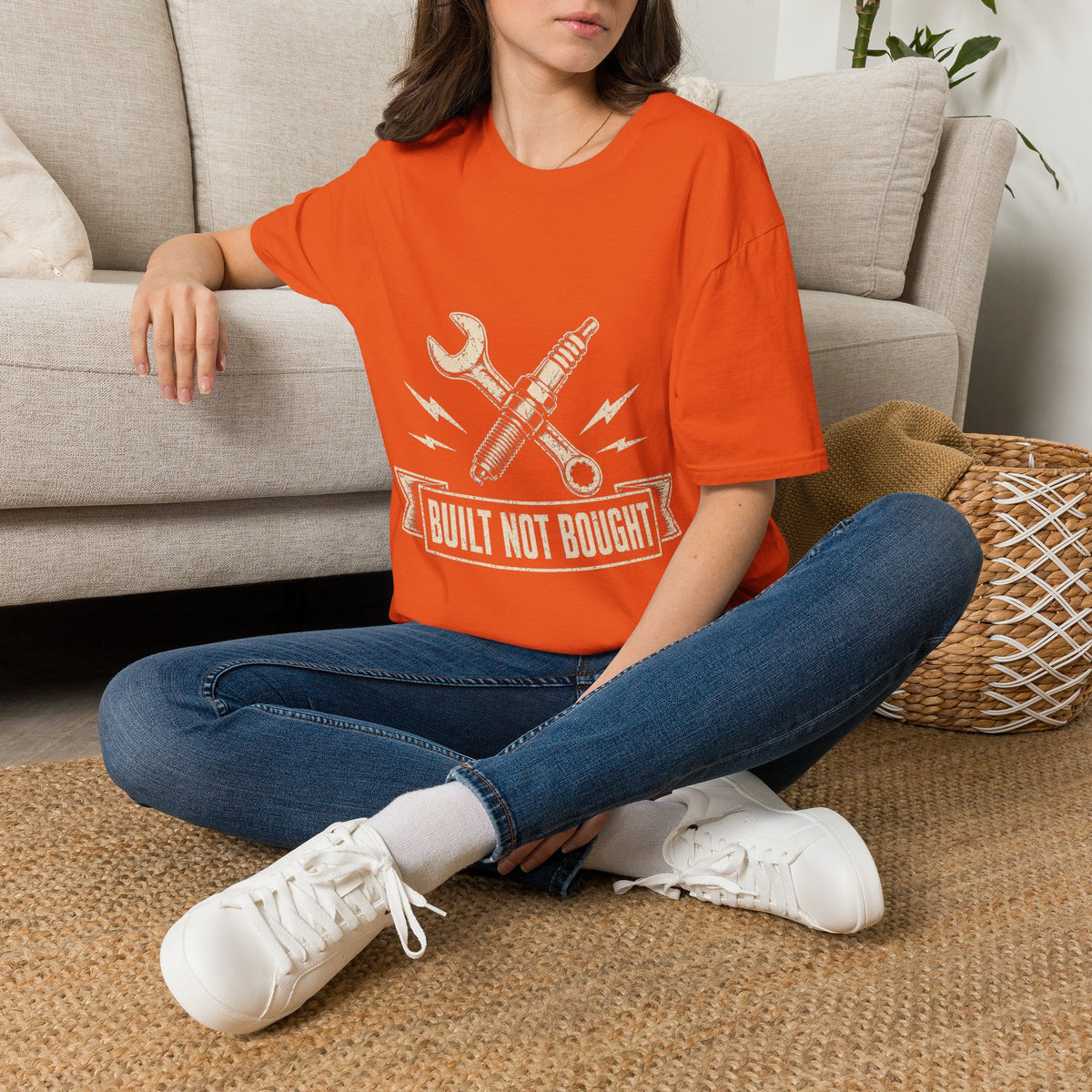 Built Not Bought T-Shirt — Vintage Mechanic Spark Plug & Wrench Tee for DIY Car Enthusiasts