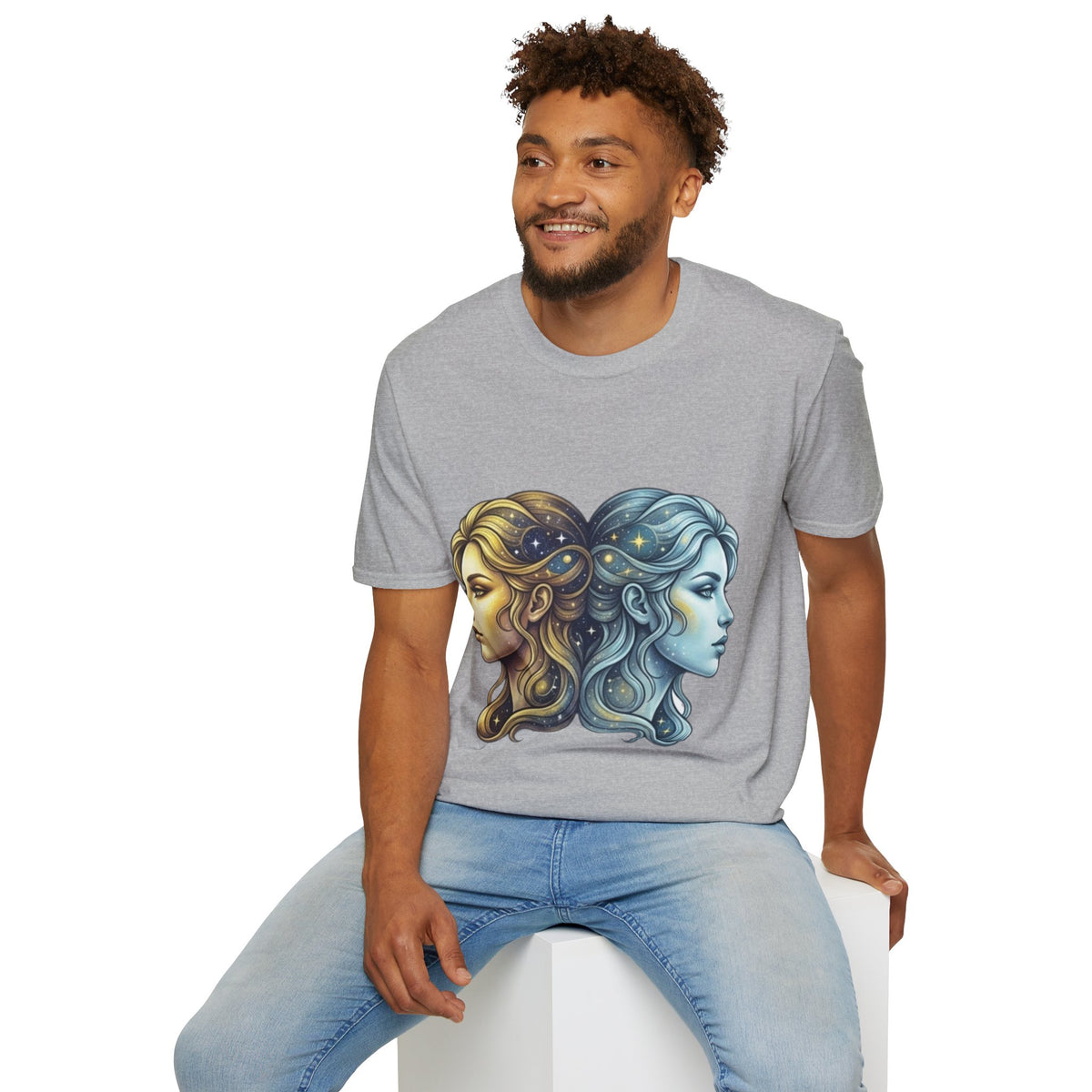 Zodiac Gemini Sun & Moon T-Shirt — Dual Faces Cosmic Design