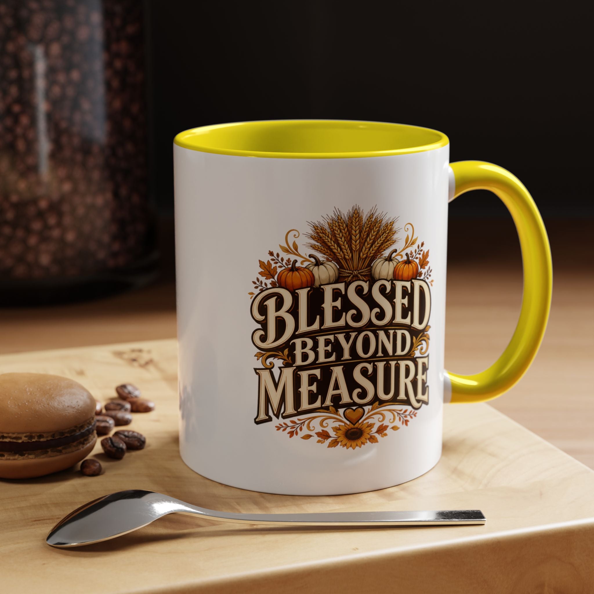 Thanksgiving Mug Blessed Beyond Measure Accent Coffee Mug — Fall Pumpkin & Wheat Autumn Faith Mug