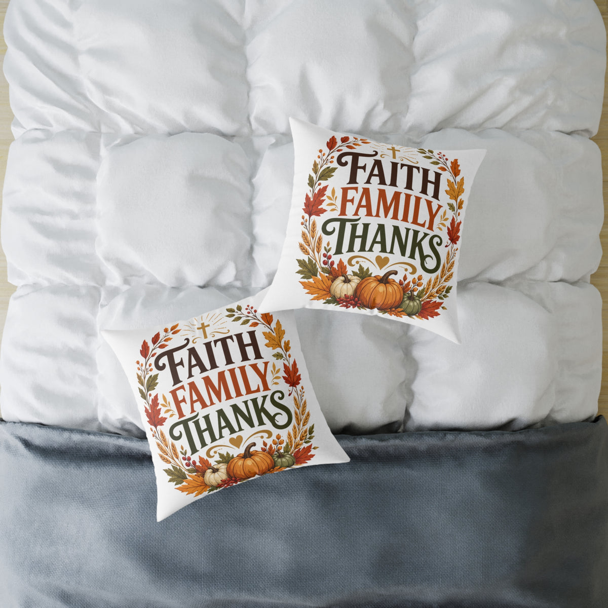 Thanksgiving Faith Family Thanks Fall Pillow — Thanksgiving Pumpkin Accent Cushion