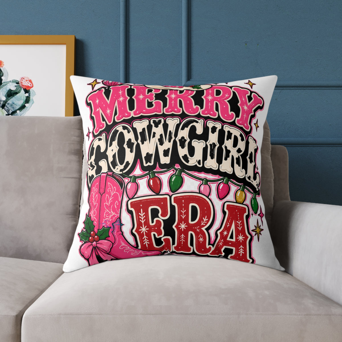 Merry Cowgirl Era Modern Day Christmas Square Poly Canvas Pillow