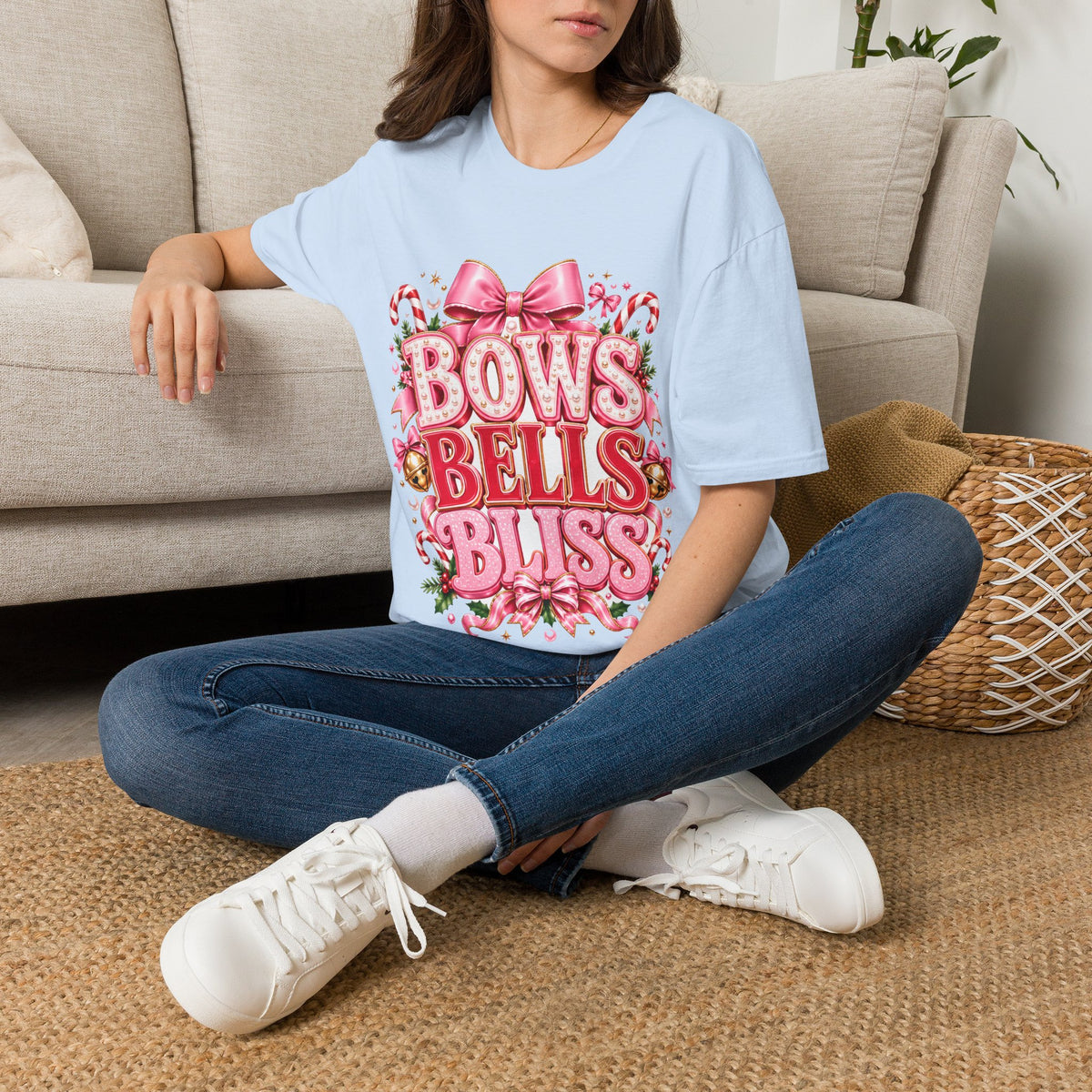 Bows Bells Bliss Christmas T‑Shirt — Pink Holiday Bow Graphic