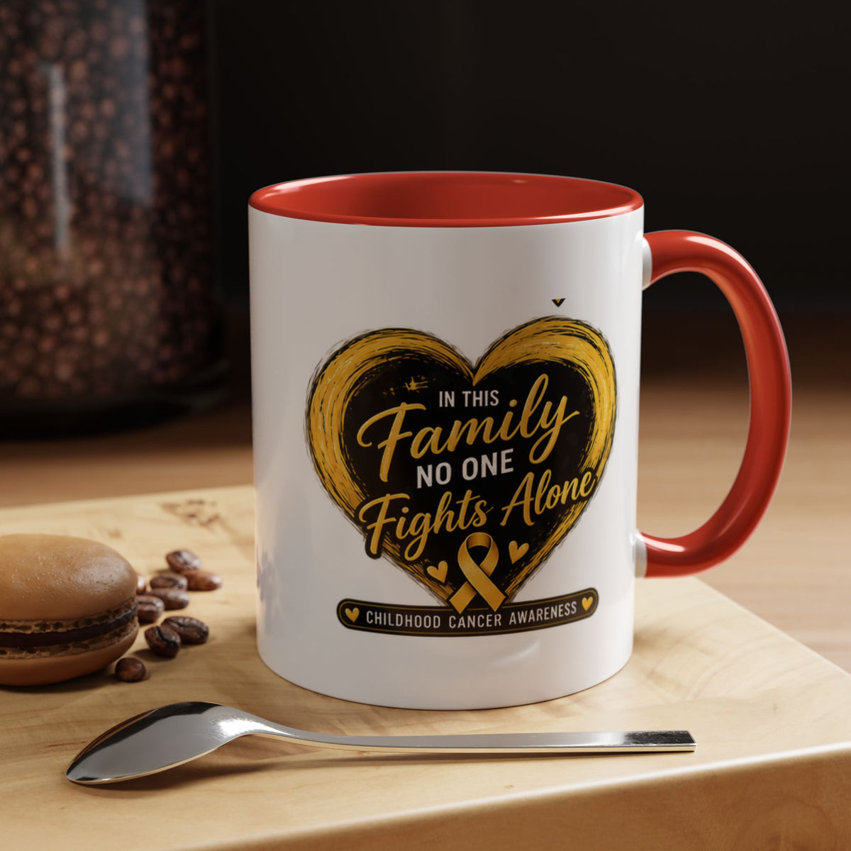 Childhood Cancer Awareness Accent Coffee Mug — "In This Family No One Fights Alone"