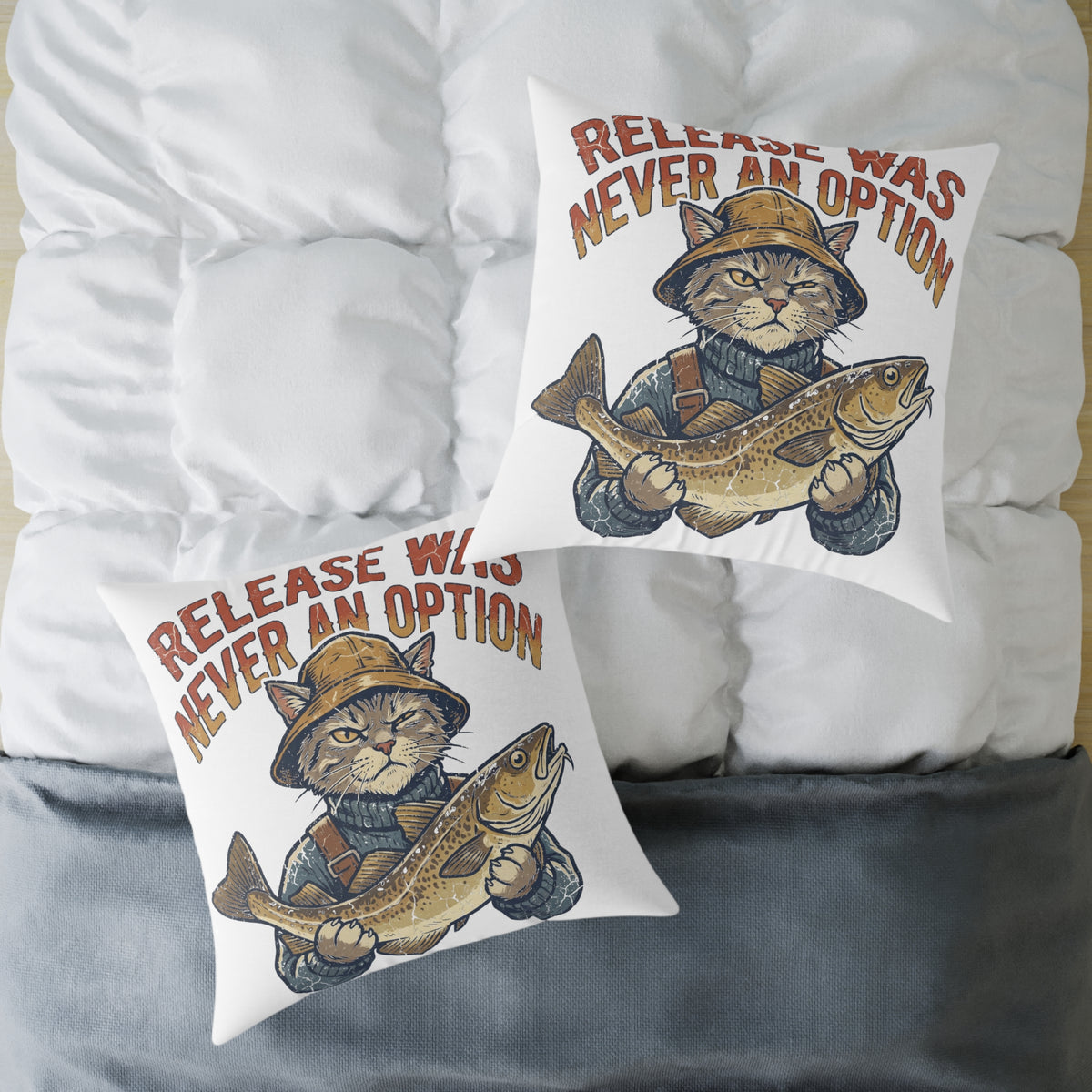 Fishing Cat Throw Pillow —Funny  "Release Was Never An Option" Decorative Accent