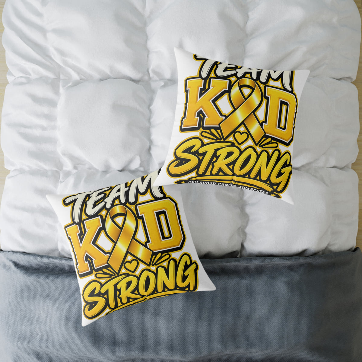 Team Kid Strong Square Throw Pillow — Childhood Cancer Awareness Ribbon Accent