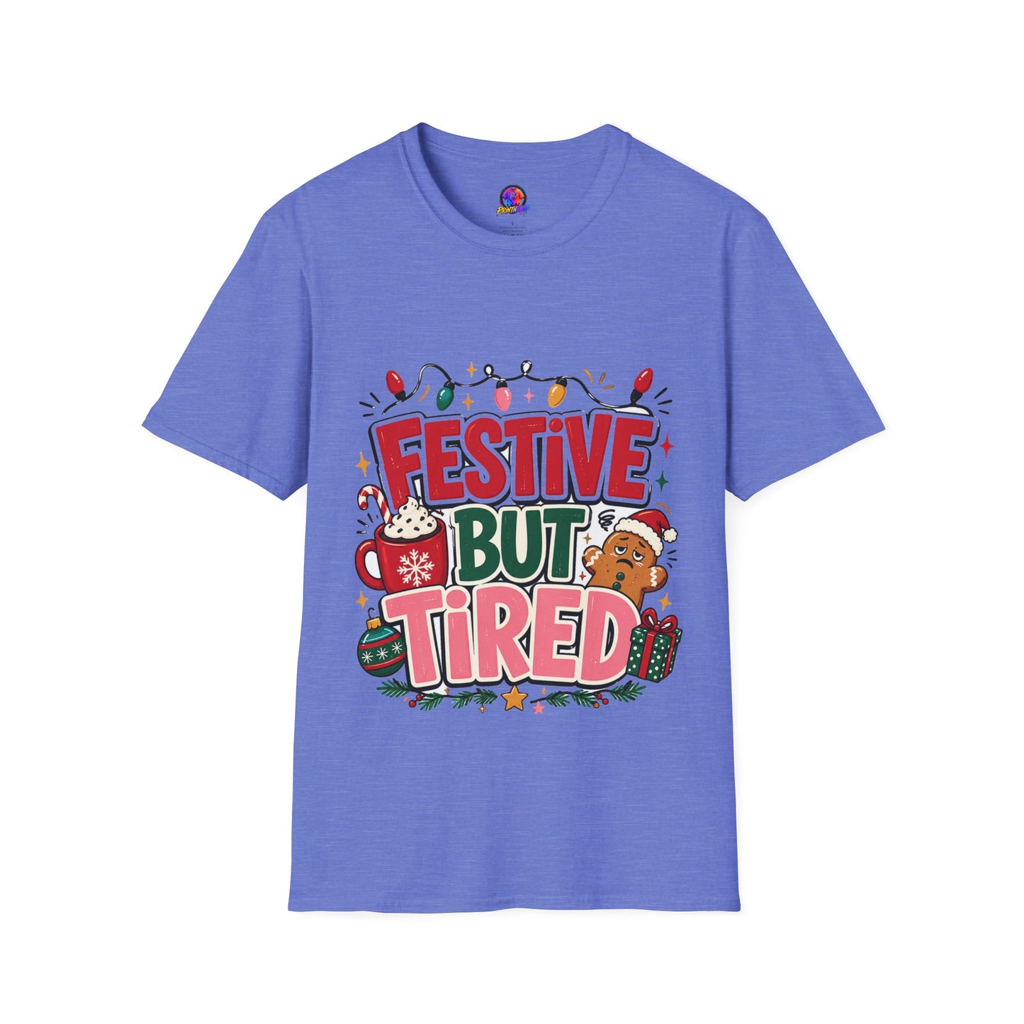Festive But Tired T-Shirt — Holiday Christmas Crew Tee with Lights & Gingerbread
