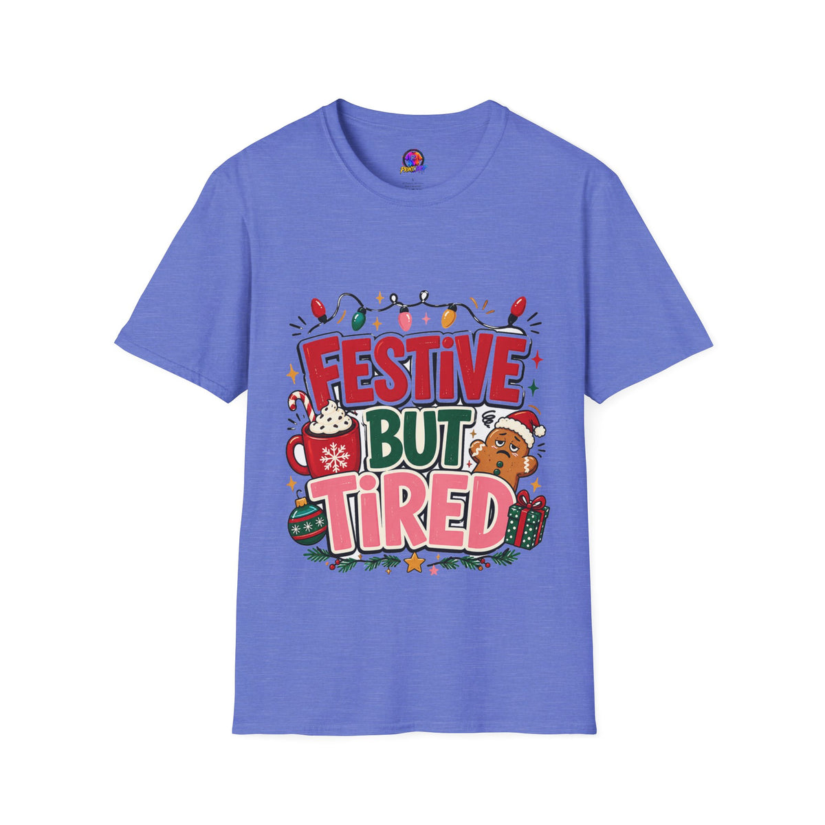 Festive But Tired T-Shirt — Holiday Christmas Crew Tee with Lights & Gingerbread