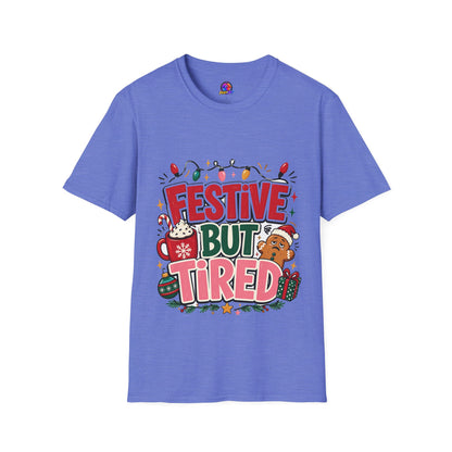 Festive But Tired T-Shirt — Holiday Christmas Crew Tee with Lights & Gingerbread