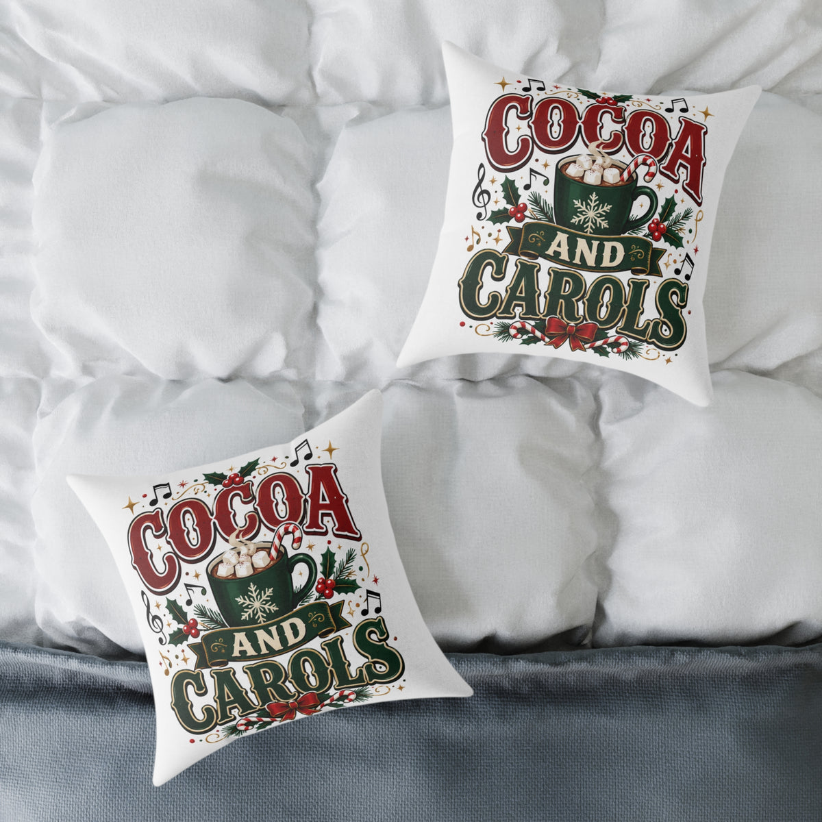 Christmas Cocoa and Carols Square Pillow — Holiday Hot Cocoa Christmas Decor