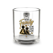 Glass Mug — "In This Family No One Fights Alone" Childhood Cancer Awareness Support Coffee Mug, 10oz