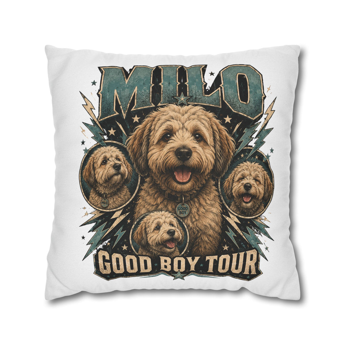 Milo "Good Boy Tour" Decorative Pillowcase — Cute Dog Portrait Square Throw Pillowcase Milo Bailey Dog Dad Mom