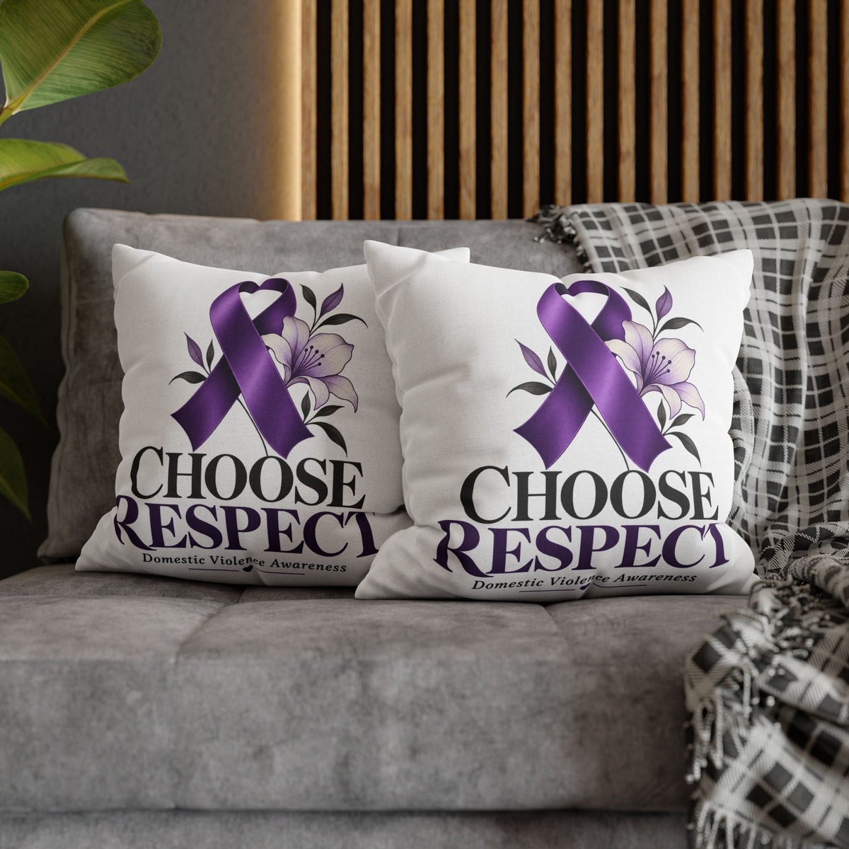 Choose Respect Purple Ribbon Pillowcase — Domestic Violence Awareness Decorative Throw Pillow