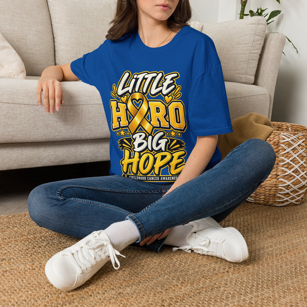 Kids Childhood Cancer Awareness T-Shirt — "Little Hero Big Hope" Gold Ribbon