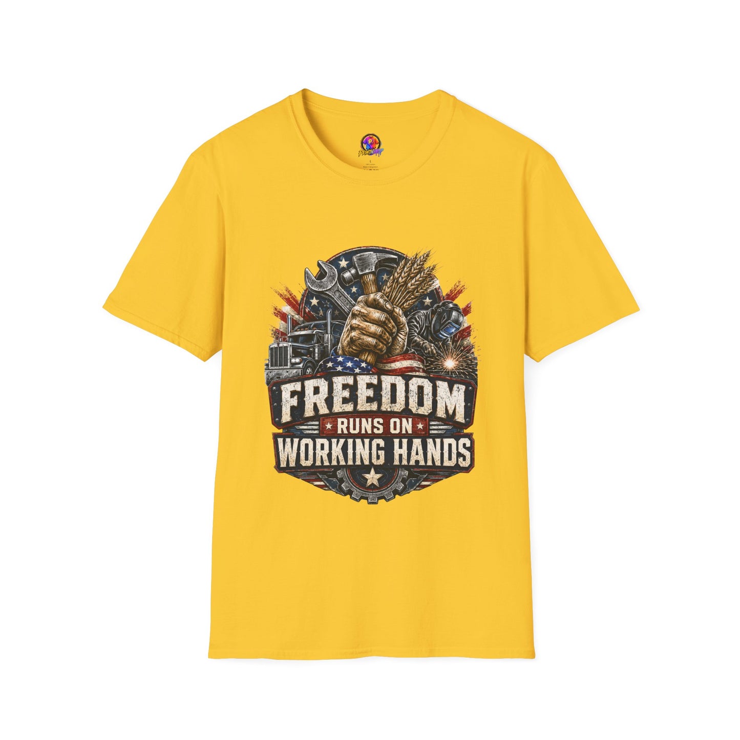 Freedom Runs on Working Hands T-Shirt — Patriotic Mechanic Tool & Wheat Design