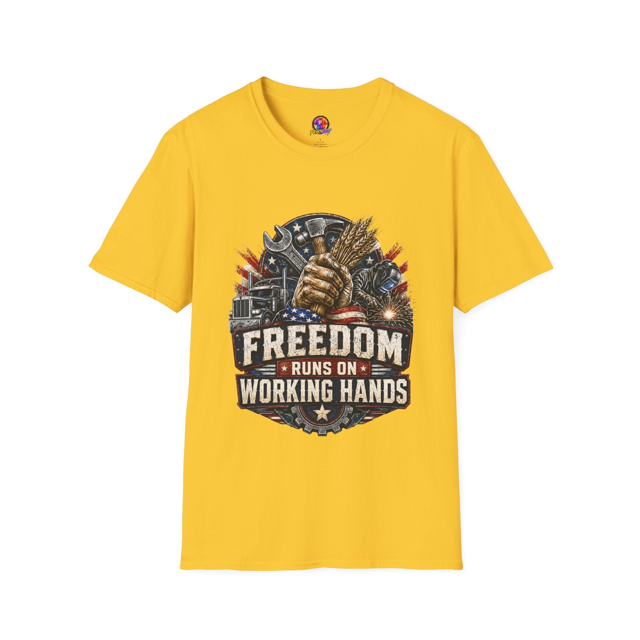 Freedom Runs on Working Hands T-Shirt — Patriotic Mechanic Tool & Wheat Design