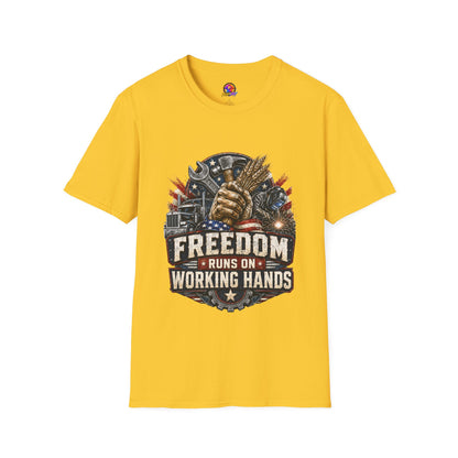 Freedom Runs on Working Hands T-Shirt — Patriotic Mechanic Tool & Wheat Design