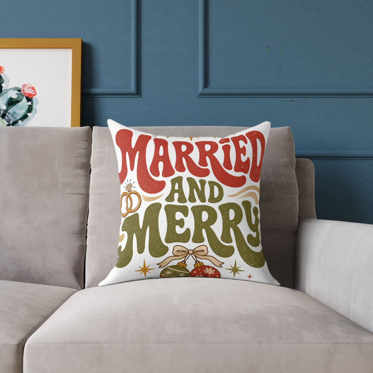 Christmas Married and Merry Holiday Pillow — Festive Wedding & Christmas Decorative Pillow
