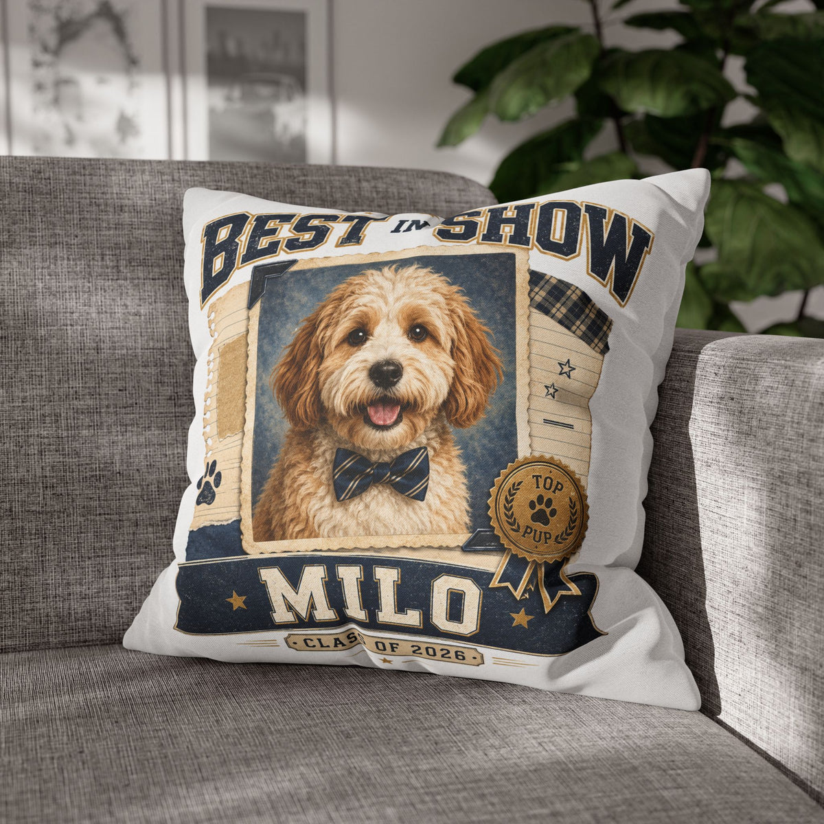 Best in Show Personalized Dog Pillowcase — 'Milo' Pet Portrait Throw Pillowcase Milo Bailey Dog Dad Mom