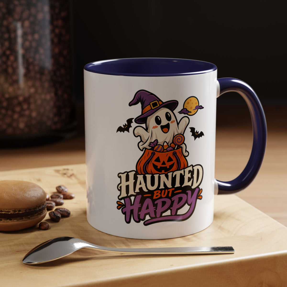 Haunted But Happy Coffee Mug — Halloween Ghost Pumpkin Accent Mug (11/15oz)