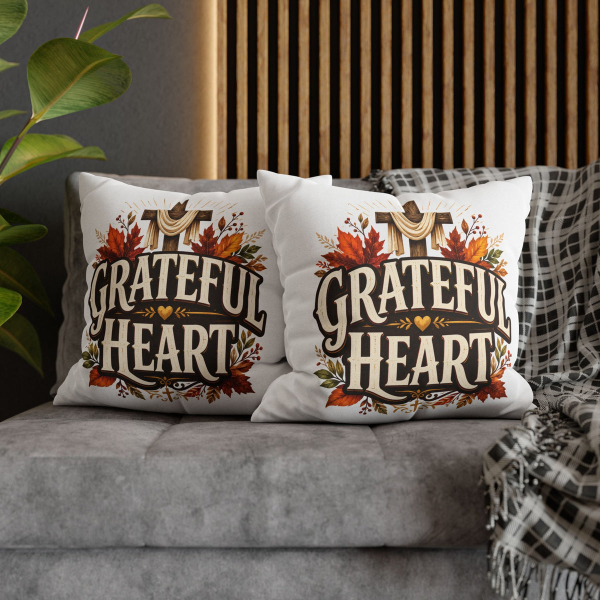 Thanksgiving Grateful Heart Throw Pillow — Autumn Cross Faith Decorative Pillowcase