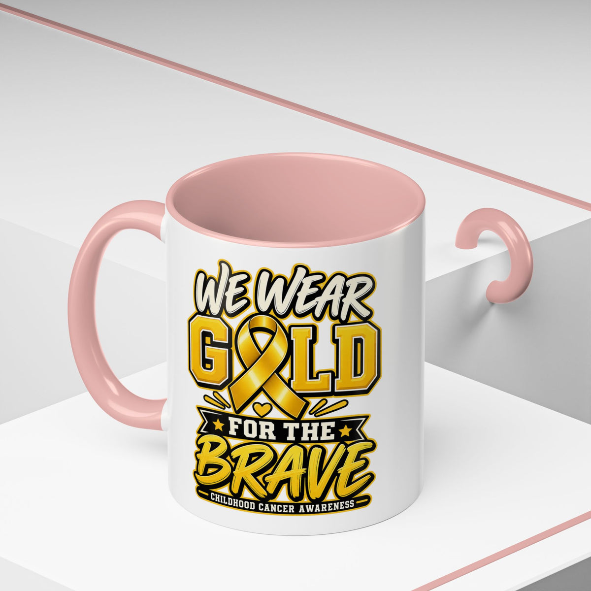 Childhood Cancer Awareness Accent Coffee Mug – "We Wear Gold for the Brave" (11/15 oz)